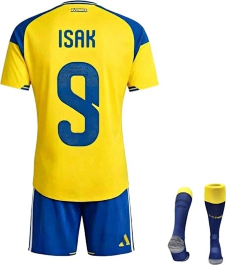 2026 VM Sverige Hjemmedrakt Barnsett Kortermet Trøye Shorts Sokker Nr. 9 ISAK 22
