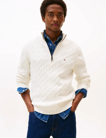 Tommy Hilfiger Classic Cotton Cable Zip Mock - White - L