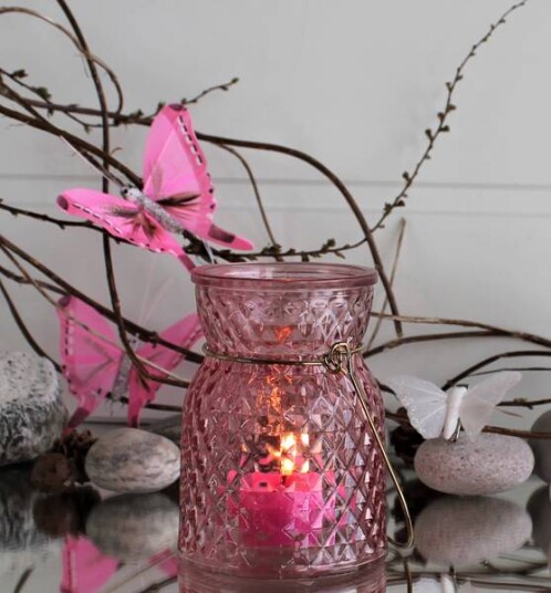 Lykt for telys rosa med gullhank liten Lykt for telys rosa med gullhank liten