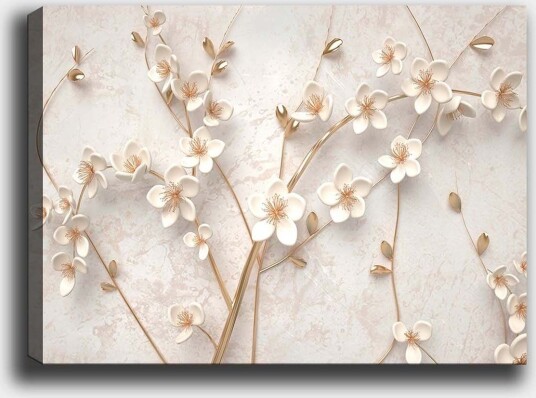 Lerretsbilde 70x100 cm Stilisert blomsterdesign med hvite blomster og gulldetaljer Hvit / Gull