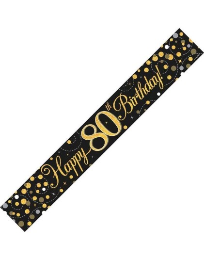 Happy 80th Birthday 2,7 Meter Svart og Gullfarget Holografisk Banner