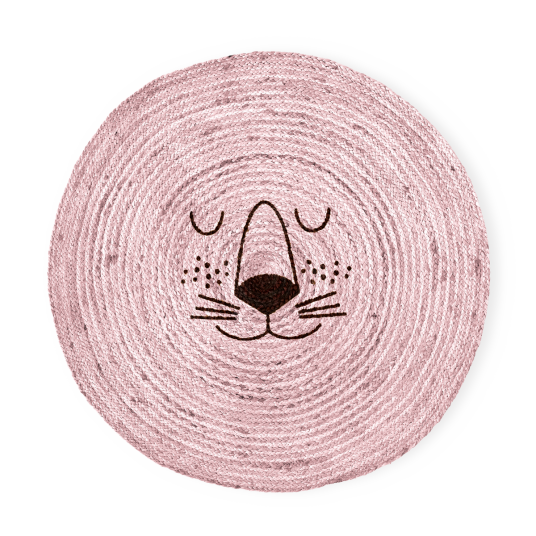 Rice Jute Floor Mate with Lion Face Soft Pink