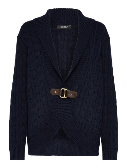 Lauren Women Buckle-Trim Cable Shawl-Collar Cardigan - Navy - 46-48