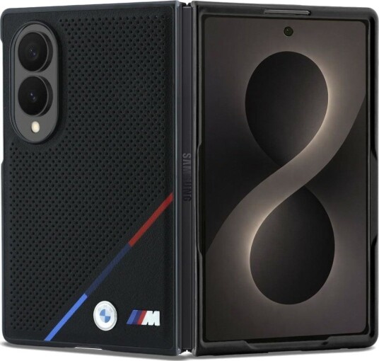 BMW M Leather Perforated Tricolor Stripe Metal Logos MagSafe Case for Samsung Galaxy Z Fold 8 Black