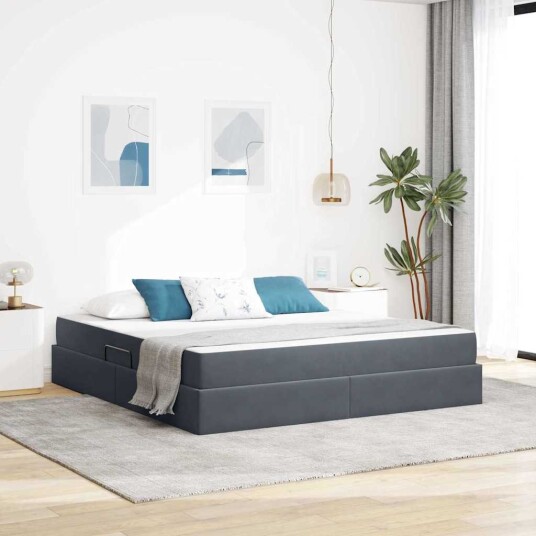 Seng med lagring og madrass Mørkegrå 180 x 200 cm Fløyel