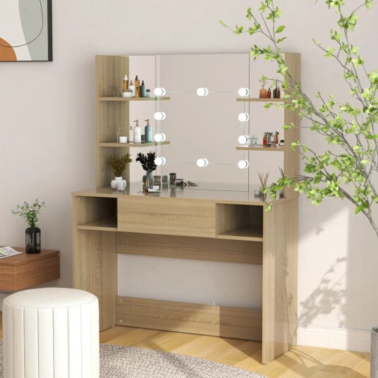 vidaXL Sminkebord med LED-lys 100x40x135 cm MDF eik