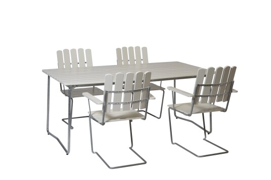 Grythyttan Stålmöbler B31 spisegruppe Hvitlakkert ek/galvanisert stål 4 lenestoler & bord 170 x 92 cm