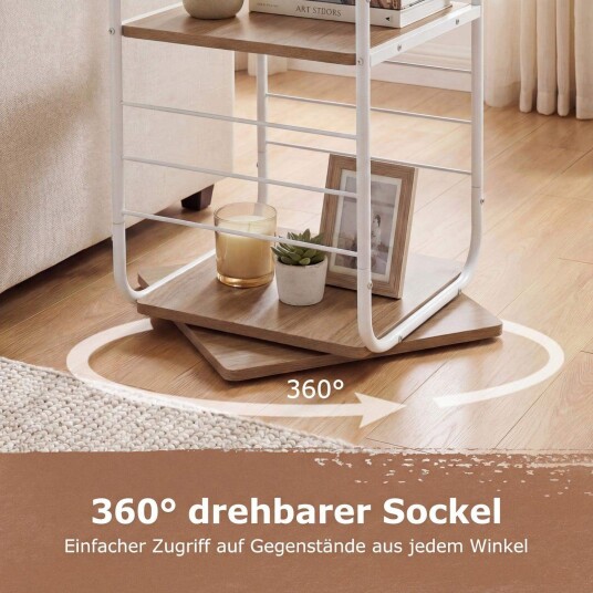 360 roterende bokhylle – 4 etasjers metallramme hvit/naturfarget