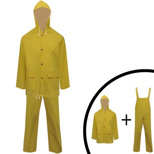 Vanntett kraftig 2-delt regndress med hette gul XL Vanntett kraftig 2-delt regndress med hette gul XL