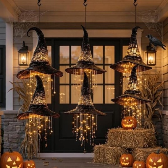 Halloween Hengende Heksehatter med LED-lys og Stjerner 3/6 stk