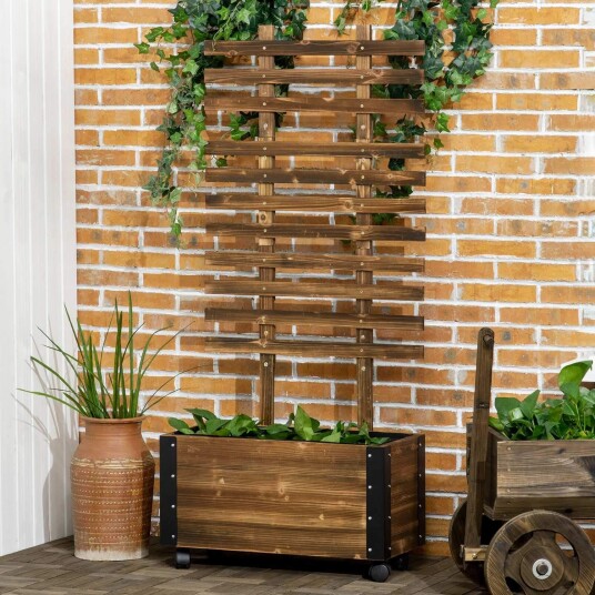Karbonisert plantekasse med espalier og hjul 65x31x147 cm