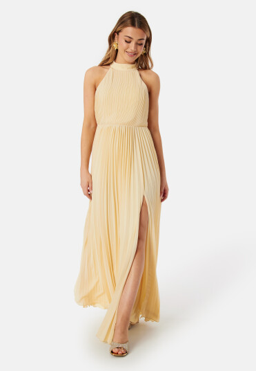 Bubbleroom Occasion Pleated Halter Neck Gown Cream 34