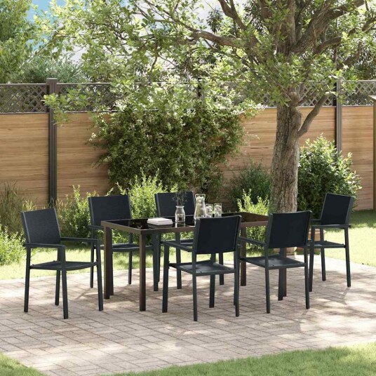 7 Delt Hage Spisesett Svart Poly Rattan