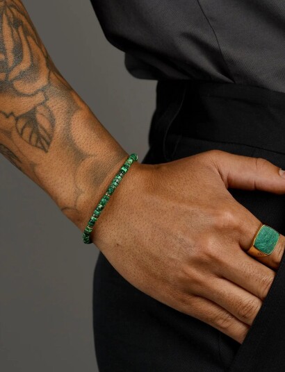 Nialaya Dark Green Malachite Heishi Bracelet   Gold   M