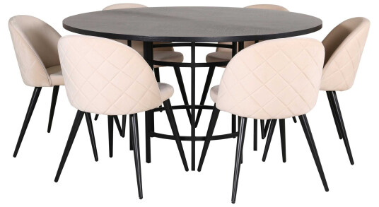 Venture Design Copenhagen & Velvet spisegruppe Beige/svart 6 stoler & bord 140 cm