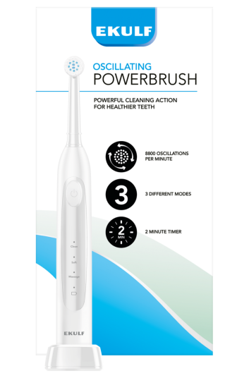 Ekulf PowerBrush elektrisk tannbørste med oscillerende teknologi, hvit