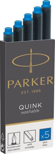 Parker Fountain Pen Ink Refill Cartridges  Long  Washable Blå QUINK Ink  5 Count