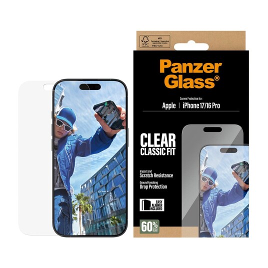 PanzerGlass Classic Fit Skjermbeskytter for iPhone 17 og 16 Pro med EasyAligner