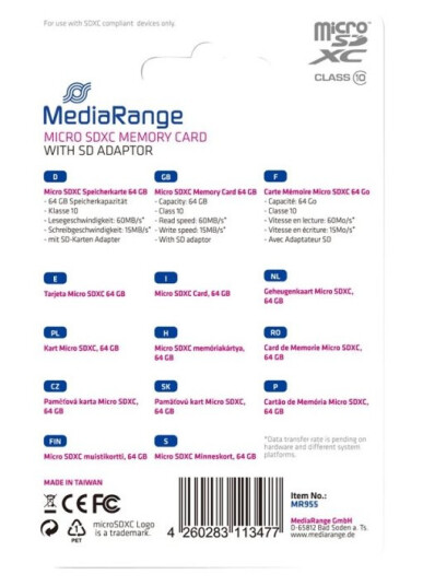 Mediarange - Flashminnekort (Microsdxc Til Sd-Adapter Inkludert) - 64 Gb - Class 10 - Microsdxc - Svart