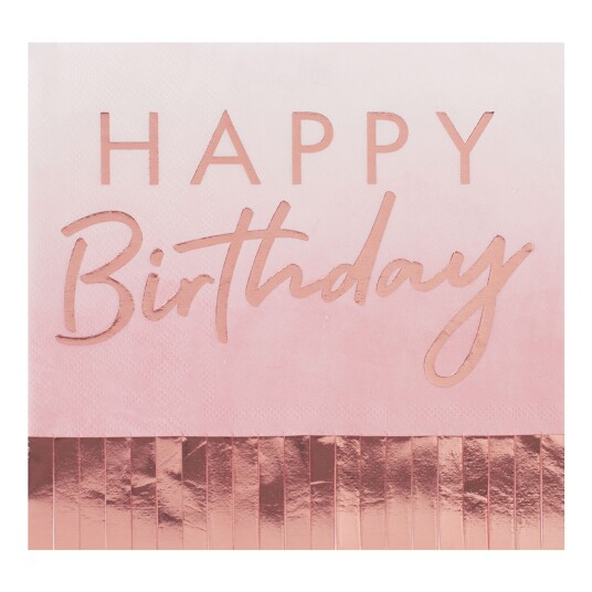 Ginger Ray Servietter Happy Birthday med Frynser Rosa/Roségull