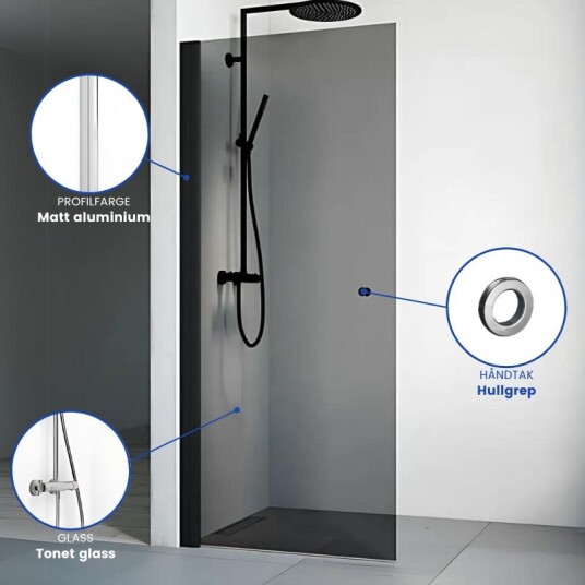 Macro Design Spirit Dusjdør Rett - med Hullgrep Matt Aluminium / 67cm Tonet Glass