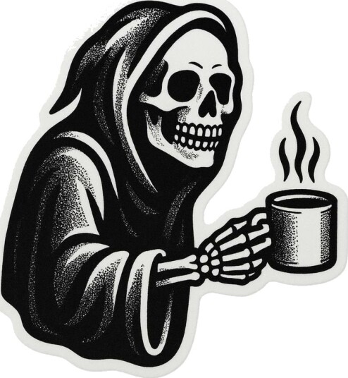 Klistremerke Dødsengelen med Kaffe 4 Klistremerker