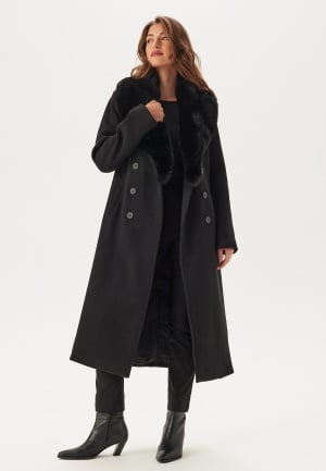 Chiara Forthi Fur Collar Belted Wool Blend Coat Black XL Chiara Forthi Fur Collar Belted Wool Blend Coat Black XL