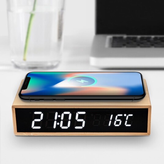 Mikamax Bamboo Klokke med Trådløs Lader 15W og Termometer