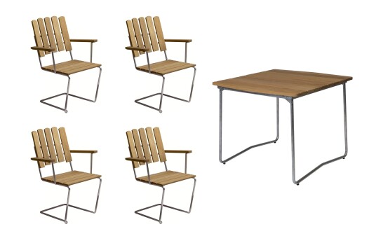 Grythyttan Stålmöbler B31 spisegruppe Oljert eik/galvanisert stål 4 lenestoler & bord 84 x 92 cm