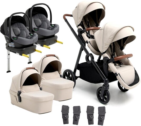 Beemoo Pro Multi 2 Tvillingvogn inkl Route i-Size Babybilstol &  Base Latte Beige/Mineral Grey