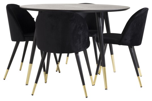 Venture Home Dipp Spisegruppe 115 cm Rund med 4 Velvet Stoler Sort/Guld