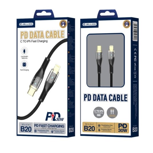 Jellico B20 Usb c Til Lightning kabel – PD 30W 1M Svart