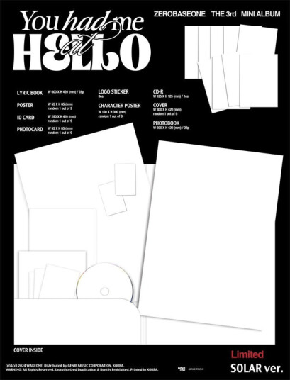 Zerobaseone You Had Me At Hello Solar Version incl. Photobook, Lyric Book, Logo Sticker, Poster, Character Poster, ID Card + Photocard CD