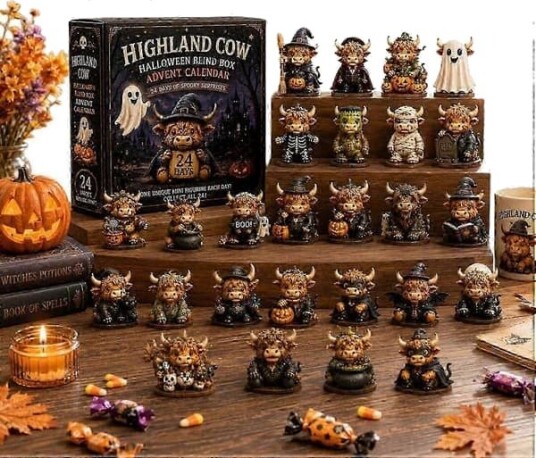 Highland Ku Halloween Adventskalender 2026 24 Dager Halloween Nedtellingskalender med 24 stk 2D Highland Ku Dukke Figurer Skummel Skrivebordsnedtelling