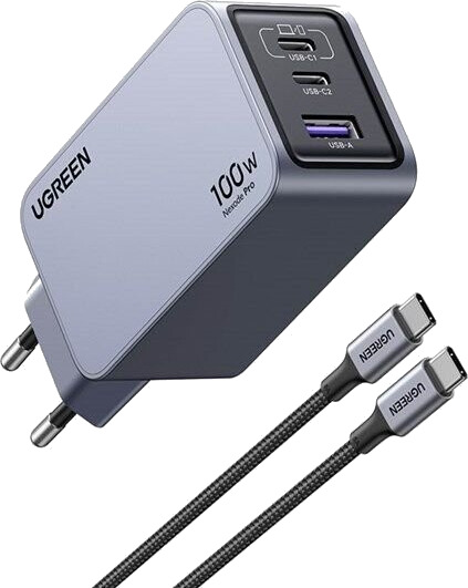 Ugreen Nexode Pro 100W GaN Hurtiglader med 3 USB-porter - Grå Ugreen Nexode Pro 100W GaN Hurtiglader med 3 USB-porter - Grå