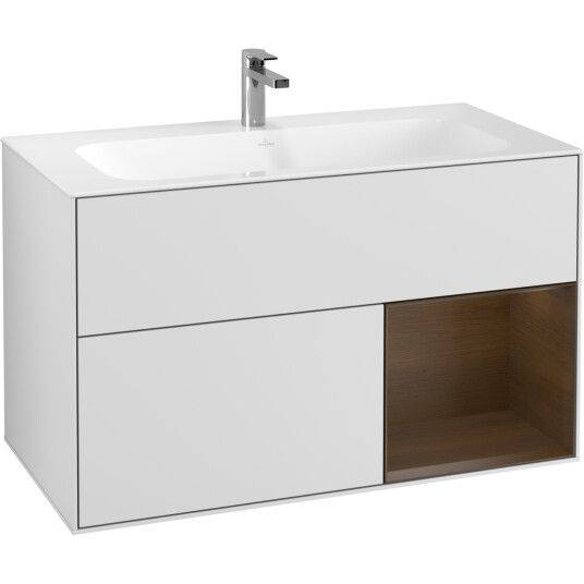 VILLEROY & BOCH FINION SERVANTSKAP 100 HVIT MATT LAKK EMOTION-LYS, HØYRESTILT VALNØTTHYLLE