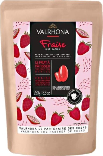 Valrhona Sjokolade M/jordbær 250g B.F. Oktober 2025 