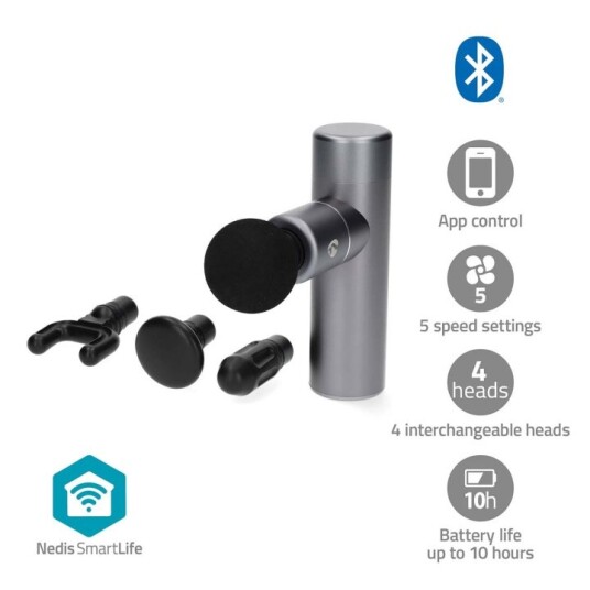 Nedis SmartLife Sports Massasje Pistol | Accu drevet | N/A | Oppladningsbar | 5 Massage Modes | Flatt hode / Konisk hode / Sfærisk hode / Snøreveske / U-formet hode | Mørk Grå Nedis SmartLife Sports Massasje Pistol | Accu drevet | N/A | Oppladningsbar | 5 Massage Modes | Flatt hode / Konisk hode / Sfærisk hode / Snøreveske / U-formet hode | Mørk Grå