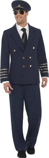 Mørkeblått Pilotkostyme med Gulldetaljer og Hatt til Mann Medium Mørkeblått Pilotkostyme med Gulldetaljer og Hatt til Mann Medium