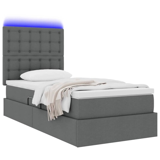 Seng med lagring og LED med LED Mørkegrå 90 x 190 cm Polyester