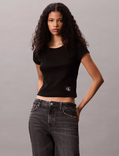 Calvin Klein Jeans A- Woven Label 2X2 Rib Baby Tee - Black - XS