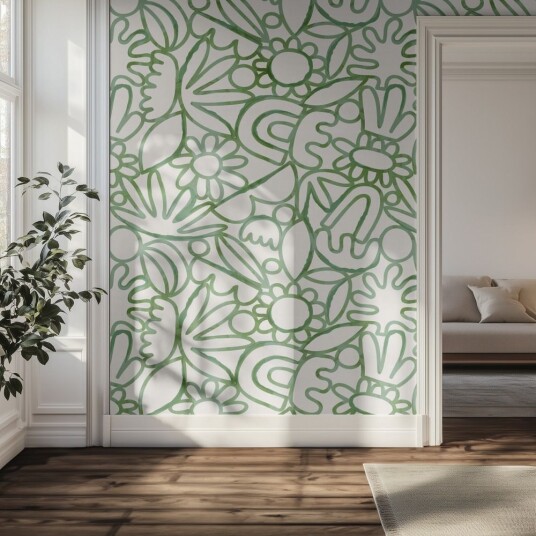 Tapet Grønt Blomster Mønster Tapet Grønt Blomster Mønster