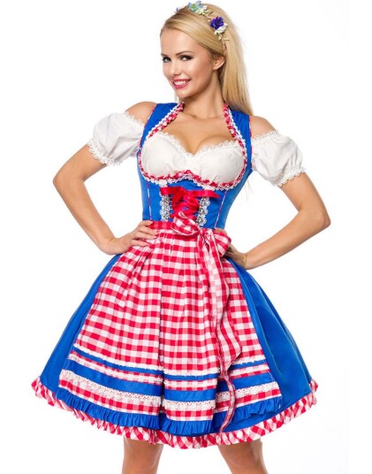 Deluxe Royal Blå Dirndl Oktoberfestkjole med Røde Partier