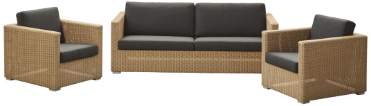 Cane-line Chester sofagruppe 3-seter sofa & 2 lenestoler Natur med svart pute