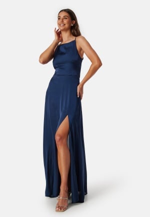 Bubbleroom Occasion Drapy-Back Slit Satin Gown Navy 40