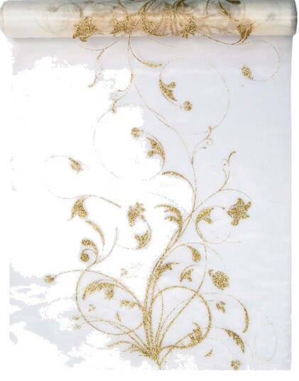 Partydeco KREMHVIT Organzaløper med Gullfargede Glittermotiver 36 cm x 9 meter Partydeco KREMHVIT Organzaløper med Gullfargede Glittermotiver 36 cm x 9 meter