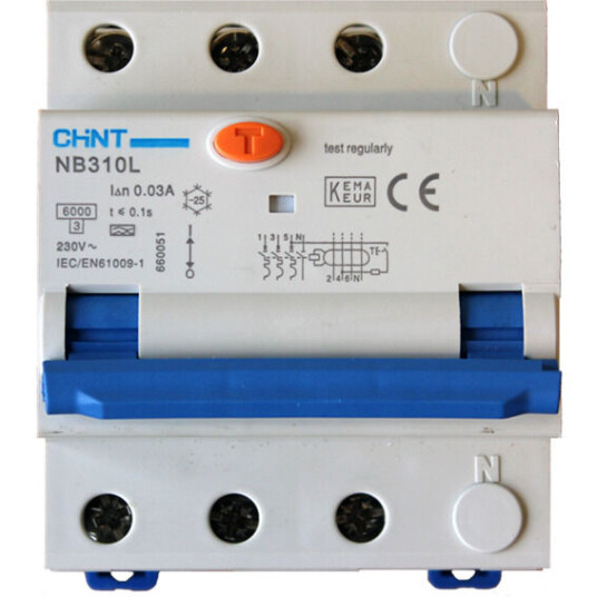 Chint JORDFEILAUTOMAT 3POL 10A C-KAR 30 mA 6kA 4mod IT/TT 230V - 1600112