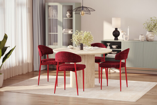 Scandinavian Choice Uppveda Rundt Spisebord 130 cm med travertin look med 4 stk Jairam Spisestoler Beige