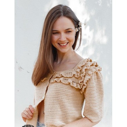 Caramel Drizzle by DROPS Design Cardigan Hekleoppskrift str S XXXL