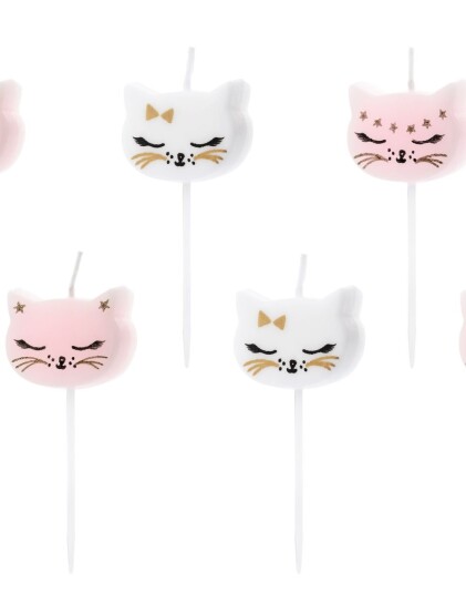 PartyDeco Bursdagslys Katter Hvit/Rosa - 6-pakning